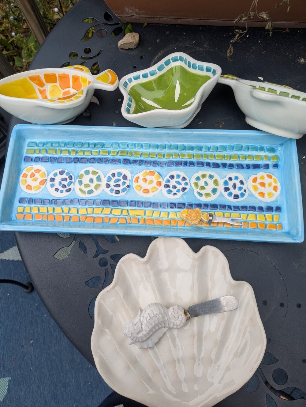 Handcrafted Blue Mosaic Ceramic Tray and Assorted Accent Bowls And Cheese Plate